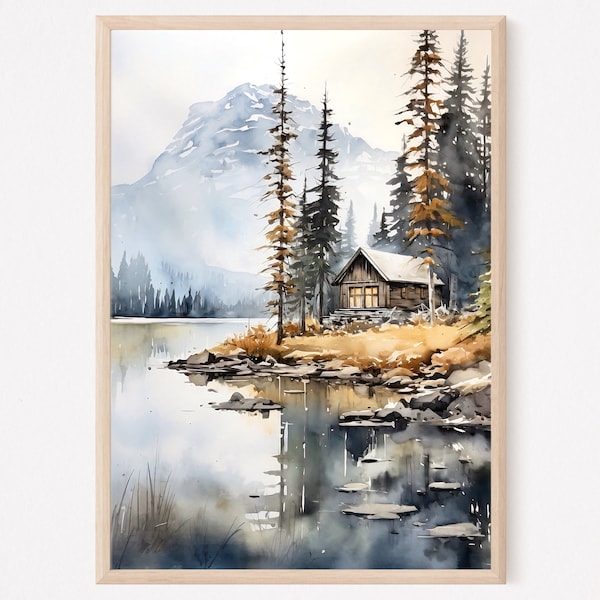 Jasper national park Canada forest cabin painting mountain lake print Canada landscape watercolor painting large minimalist wall art
