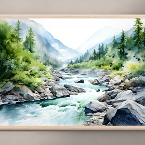 Mountain River Watercolor Landscape Pine Tree Wall Art Blue Green Art ...