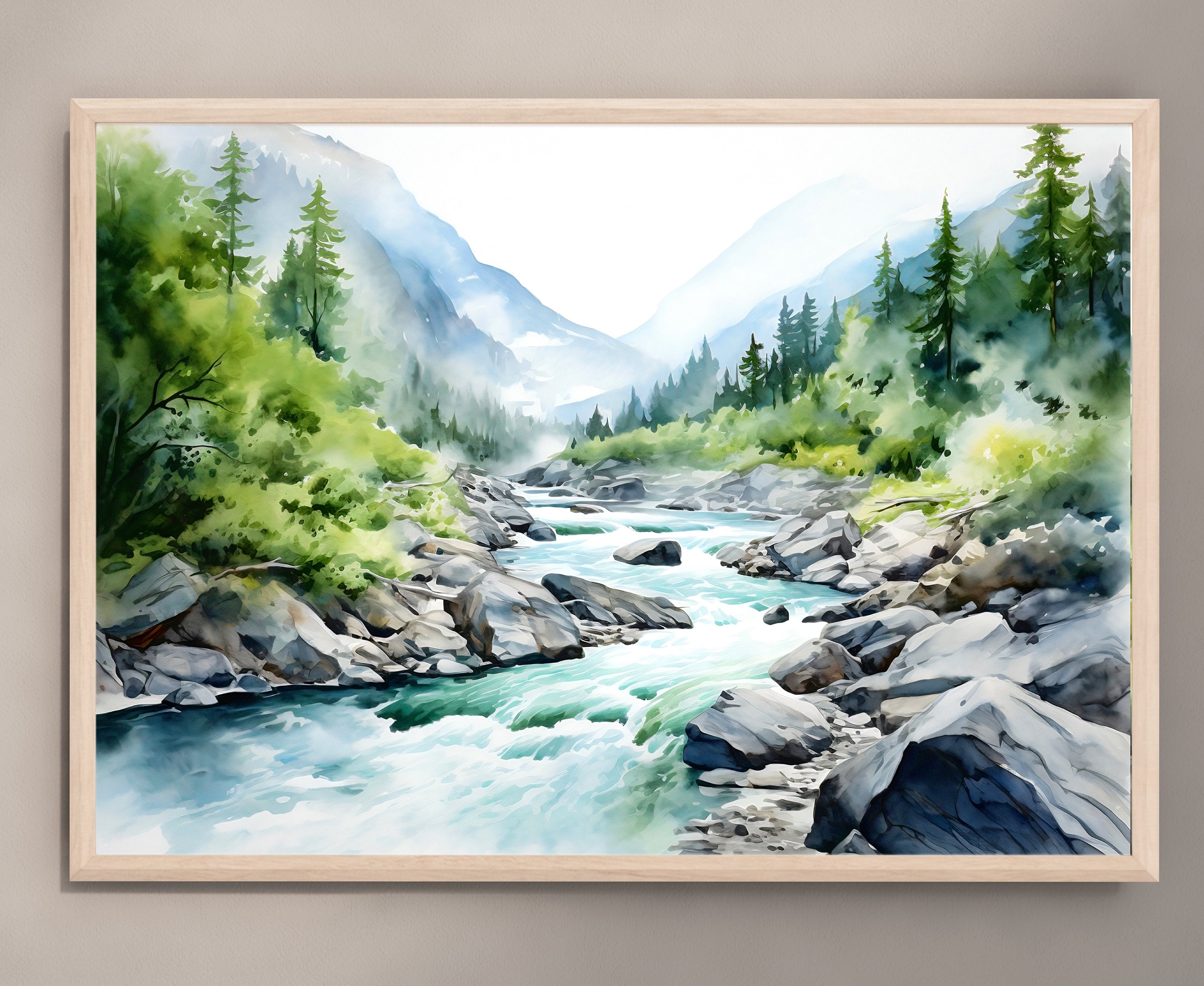 山川の水彩風景、松の木の壁アート、青緑のアートプリント、松林の絵画