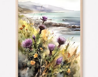 May include: Watercolor painting of a coastal scene with purple wildflowers in the foreground and a blue ocean and mountains in the background.