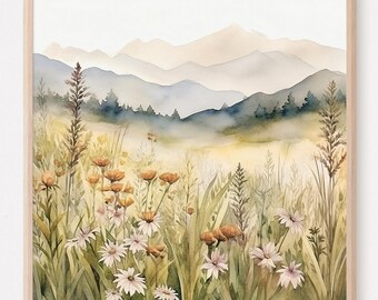 Wildflowers Mountain Print, Colorado Watercolor Meadow Artwork, Beige and White Flower Landscape Painting Poster, Home Decor Gift Art