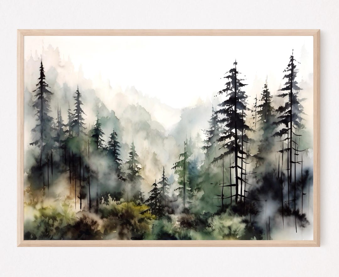 Pine Tree Wall Art Mountain Forest Art Print Foggy Forest Watercolor ...