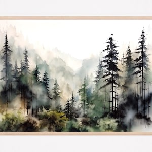 Pine tree wall art mountain forest art print foggy forest watercolor poster dark home decor