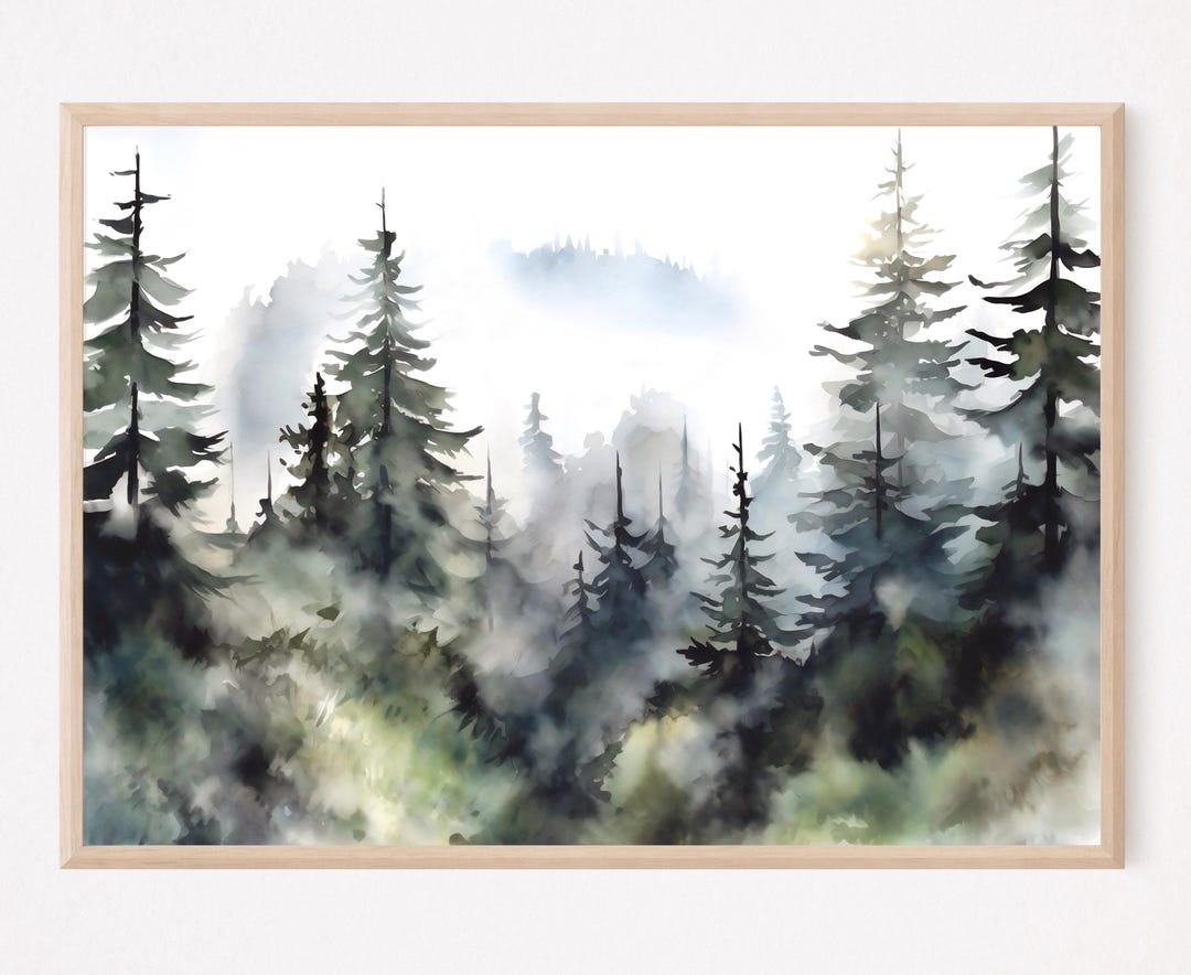 Misty Pine Forest Wall Art – Watercolor Evergreen Trees Poster, Green ...