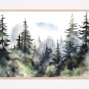 Evergreen Trees Print Pine Tree Watercolor Misty Forest Poster Neutral Green Gray Wall Art Gift Ideas