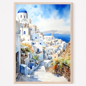 Santorini Watercolor Painting Art Print, Greece Wall Art, Santorini Europe Travel Poster, Housewarming Gift, Travel Gift