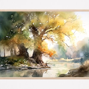 Impresión artística de río rural, arte mural de acuarela con paisaje otoñal, pintura de paisaje campestre, póster de naturaleza rústica, decoración del hogar