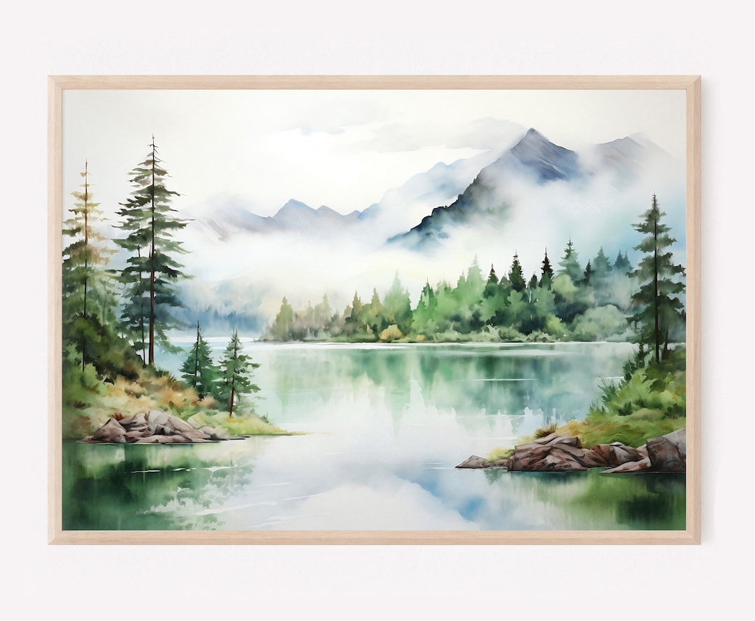 Mountain Lake Watercolor Landscape Pine Tree Wall Art Blue Green Art ...