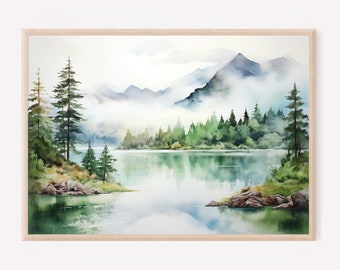 Mountain lake watercolor landscape pine tree wall art blue green art print pine forest painting minimalist wall decor
