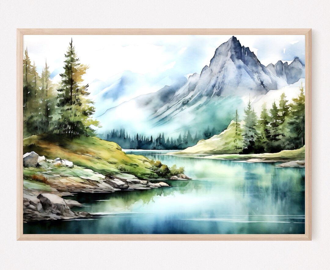 Mountain Lake Wall Art Print – Watercolor Mountain Landscape – Nature ...