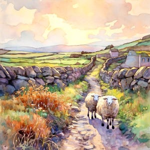 Irish Sheep Watercolor Painting Art Print Ireland Landscape Farmhouse Wall Art Rustic Road Artwork Home Decor Gift Art