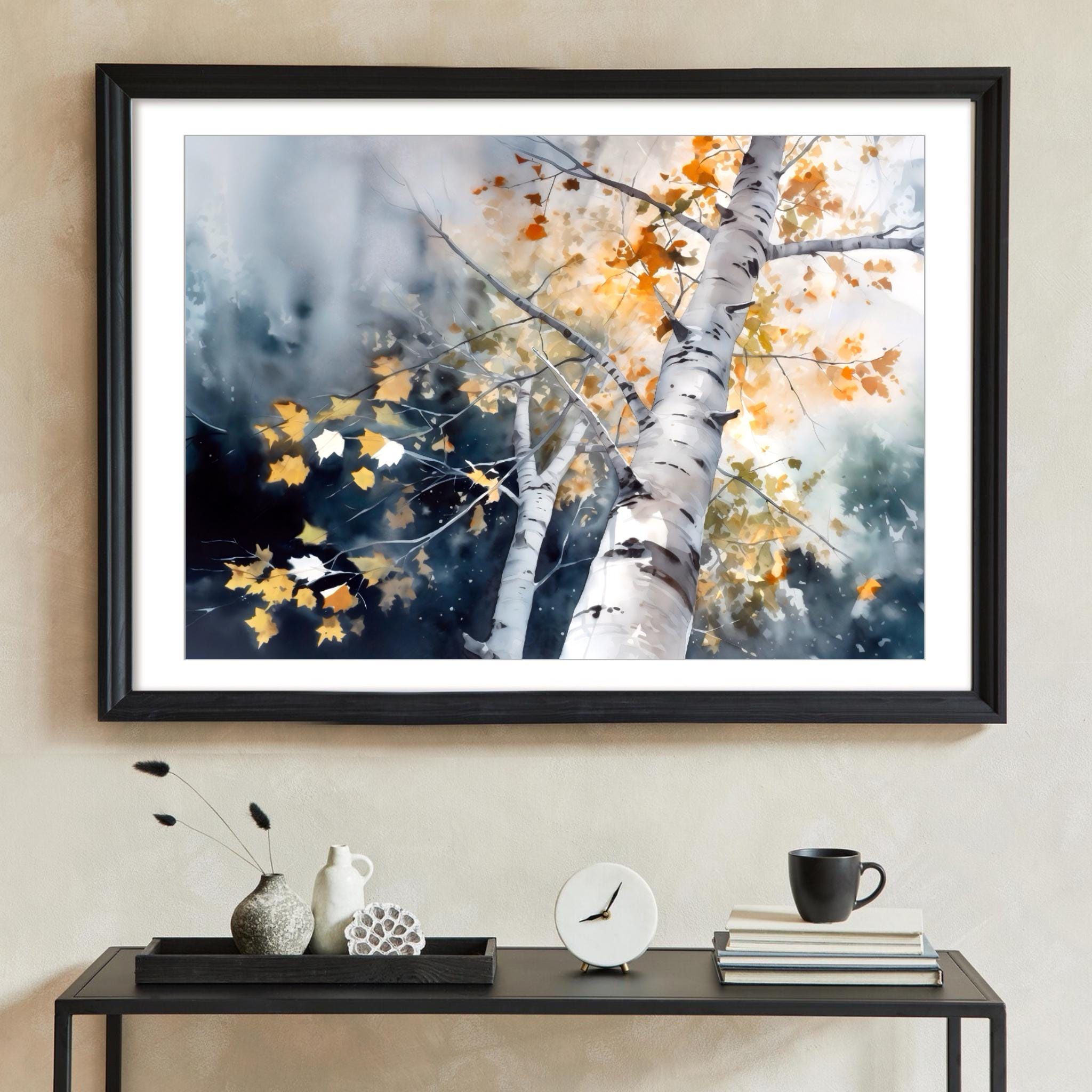 Autumn Birch Trees Watercolor Painting Print, Fall Forest Wall Art ...
