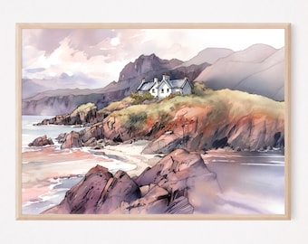 Stampa artistica di pittura costiera scozzese, cottage, acquerello, paesaggio dell'isola di Skye, arte murale delle Highlands scozzesi, arredamento per la casa, regalo