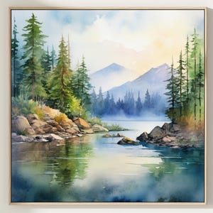 Mountain river landscape watercolor painting pine tree wall art neutral landscape green blue art print