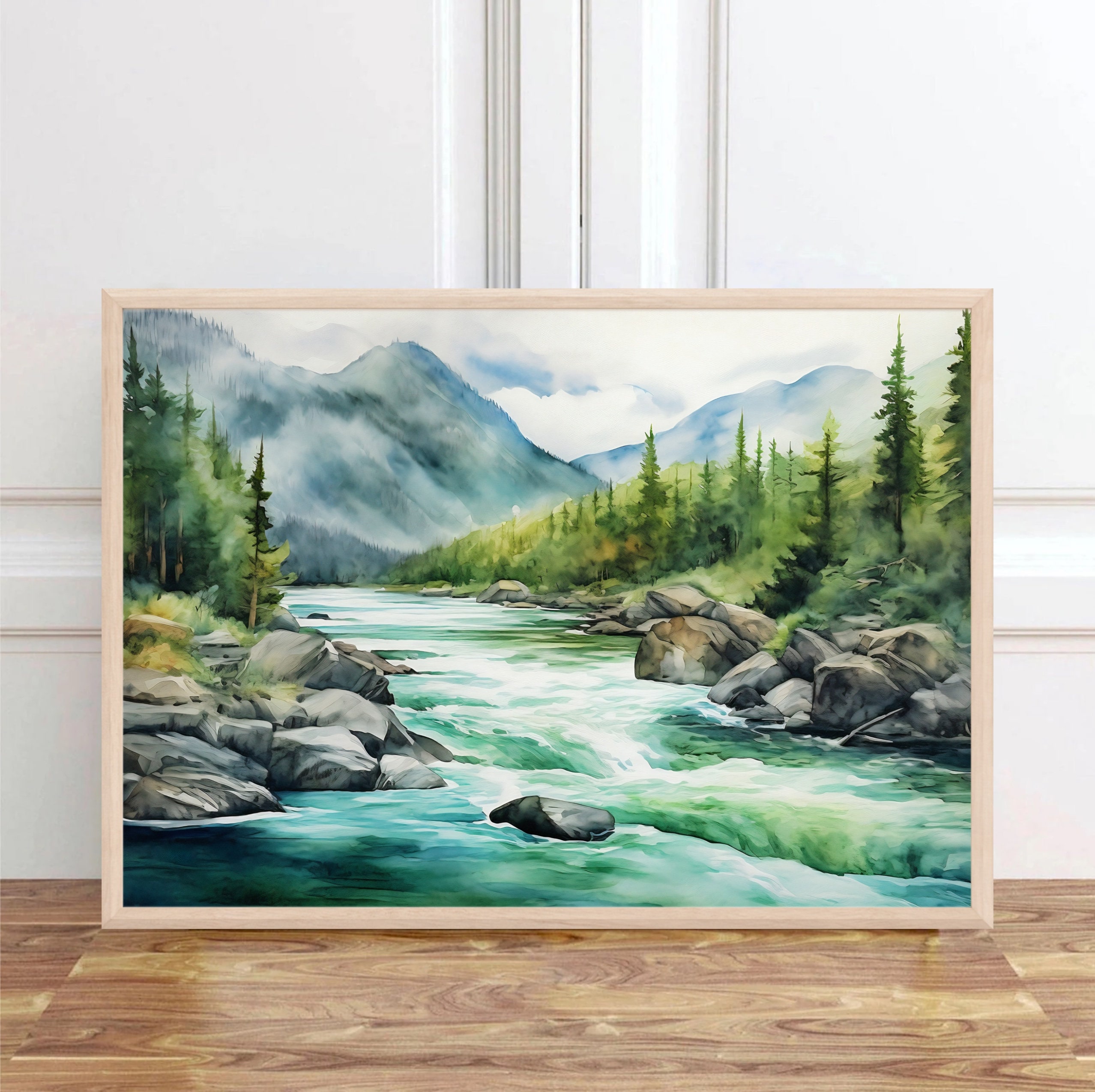 Mountain River Painting Misty Forest Landscape Wall Art Pine Tree ...