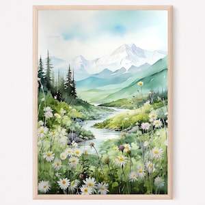 Denali National Park, Denali Travel Painting Art Print, Alaska Watercolor, Travel Poster, Denali Mountain Flowers Print, USA National Park