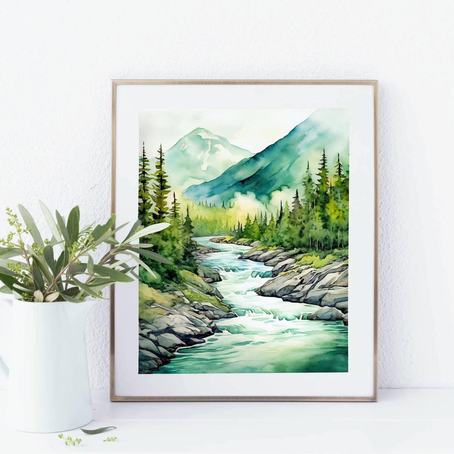 Mountain River Painting Misty Forest Landscape Wall Art Pine Tree ...
