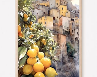 Positano Watercolor Lemon Tree Wall Art Amalfi Coast Painting Italian Cityscape Print Italy Artwork Home Decor Gift Art