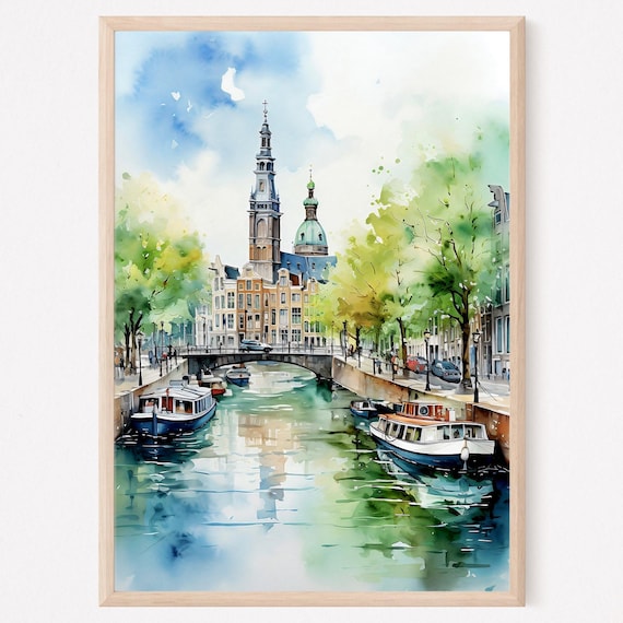 Amsterdam Canal Houses Watercolor Painting Print, Large City Wall Art, Dutch Home Decor
