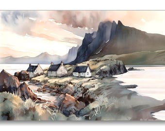 Stampa artistica di cottage sulla costa scozzese, paesaggio acquerello dell'isola di Skye, arte murale delle Highlands scozzesi, regalo per l'arredamento della casa in stile costiero