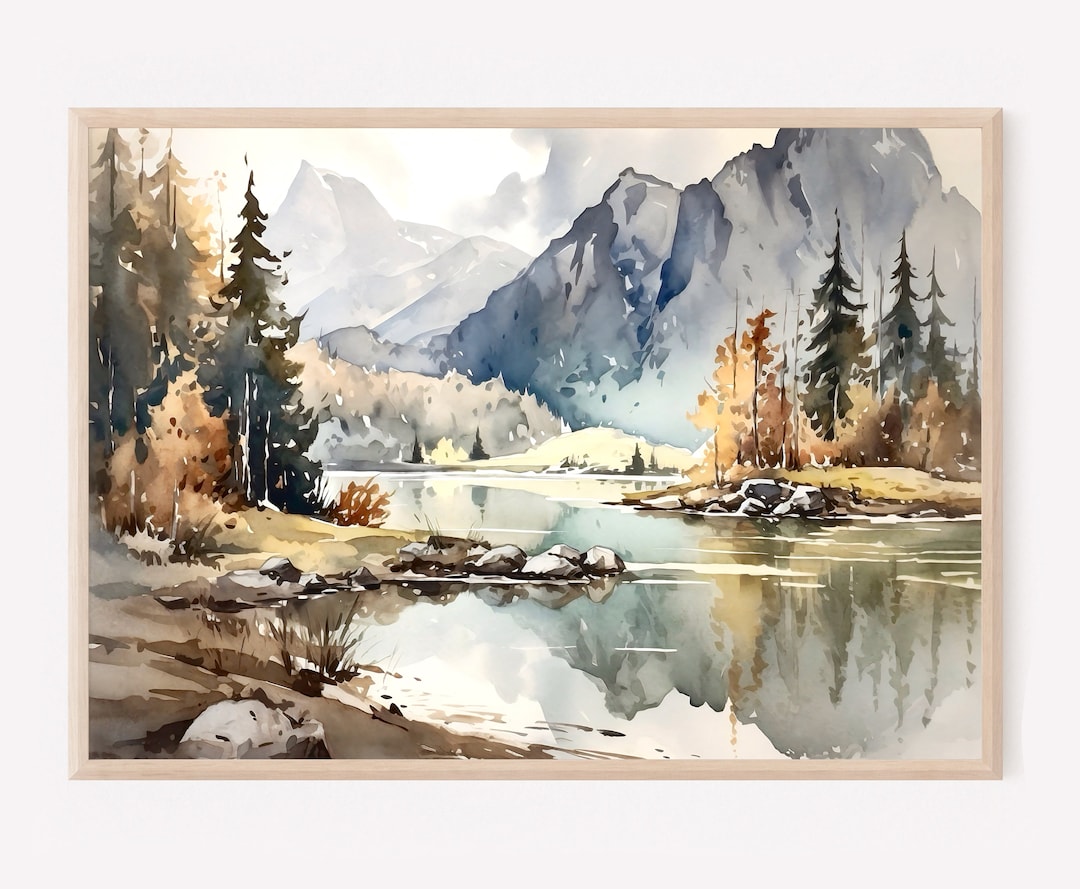 Mountain Lake Wall Art Print, Watercolor Landscape, Minimal Nature ...