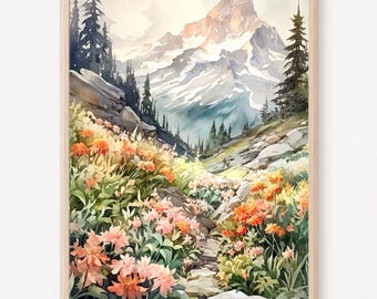 May include: A framed watercolour painting depicting a mountain landscape with a rocky path winding through a field of orange and pink wildflowers. Tall dark evergreen trees frame the scene, leading the eye toward a snow-capped mountain peak.