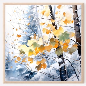 Arte de la pared del bosque, paisaje del bosque de la acuarela, impresión de la naturaleza, pintura del bosque de abedules, decoración de la cabaña, regalo