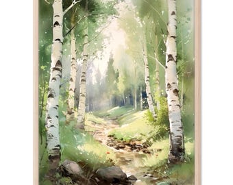 Birch Trees Watercolor Art Print, Birch Forest Wall Art, Nature Landscape Home Decor Poster