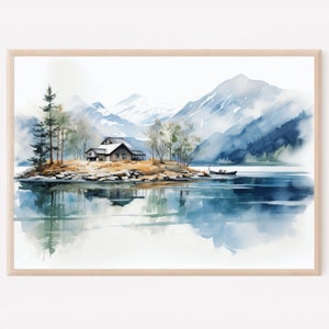 Lake house painting print large watercolor landscape Norway art print mountain lake print nordic wall decor gift