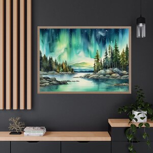 May include: A watercolour painting depicting a forest scene with a lake in the foreground. The sky is filled with green and blue aurora borealis. The trees are silhouetted against the colourful sky.