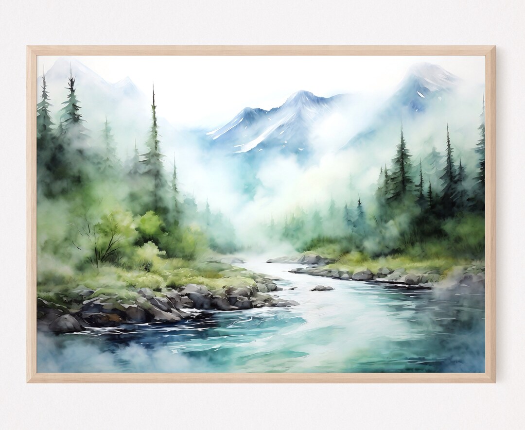 Alaska Mountain River Painting Print Pine Tree Wall Art Watercolor ...