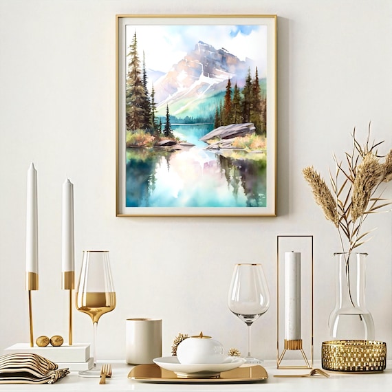 バンフの絵画 カナダ 水彩画 アートプリント 山と湖の風景 ティール