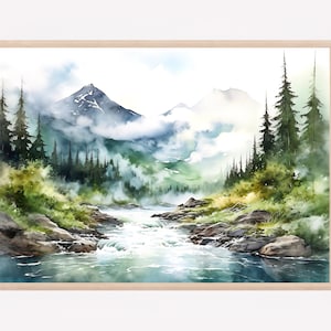 Impresión artística de pintura en acuarela de ALASKA, póster de viaje, arte de pared de río de montaña, regalo de decoración del hogar, regalo de vacaciones, regalos para ella, regalos para él