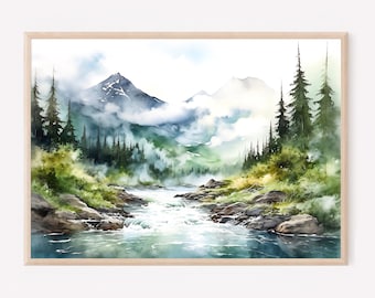 May include: A watercolor painting in a light wood frame depicting a mountain landscape with a flowing river in the foreground. The scene features dark green pine trees, rocky riverbanks, and misty, snow-capped mountain peaks under a soft sky.