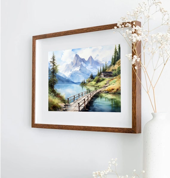 風景画 水彩画 山と小屋 風景画 水彩画 山と小屋 水車小屋のある