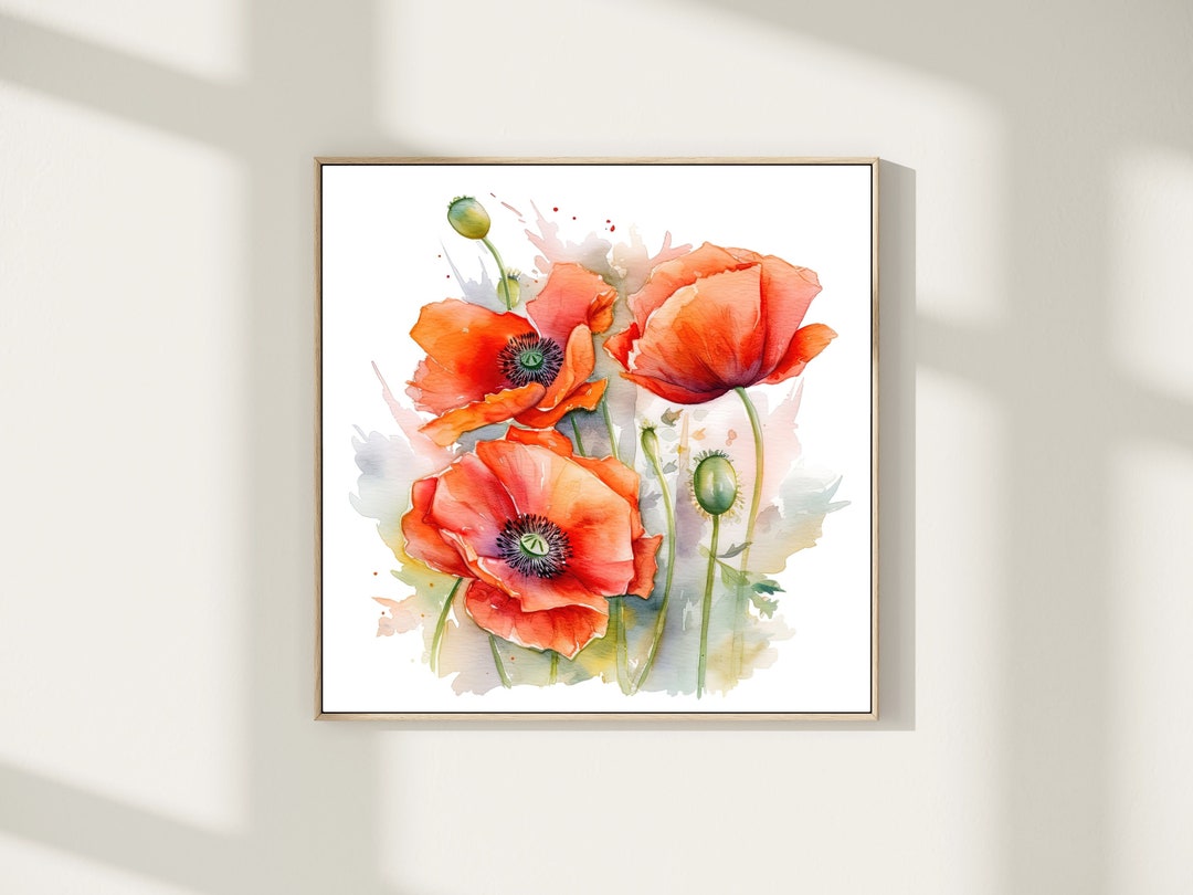 Red Poppy Watercolor Print Botanical Wall Art Floral Poster Wildflower ...