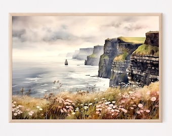 Acantilados de Moher, Condado de Clare, Irlanda. Lámina decorativa de paisaje irlandés en acuarela. Regalo ideal para la decoración del hogar.