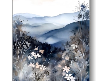 Impresión artística de las Montañas Blue Ridge • Paisaje de Carolina del Norte en acuarela • Arte mural de flores silvestres de los Apalaches