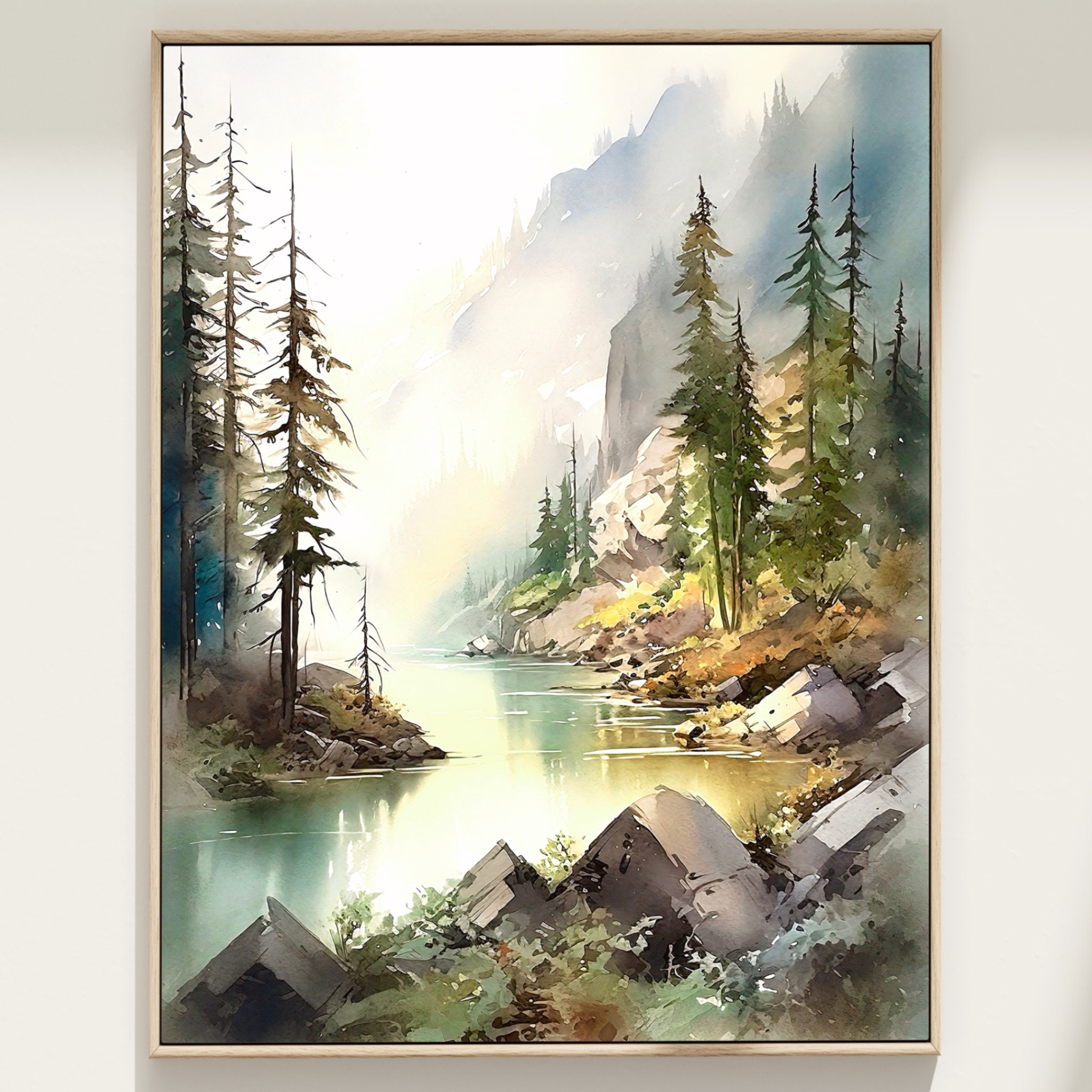 森の絵画「松陰の山道 山の湖の絵画プリント、松の木の壁アート、水彩風景、常緑の森のアート