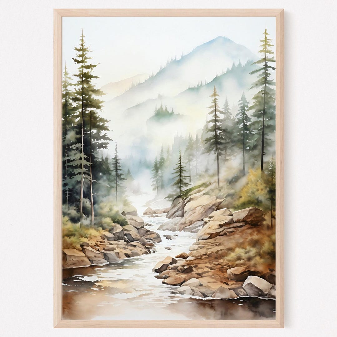 Mountain River Art Watercolor Painting Large Wall Art Mountains Forest ...