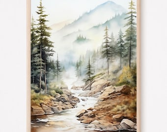 山の川のアート水彩画大きな壁掛けアート山の森のアートプリントニュートラルアート自然の水彩風景