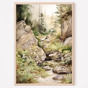 Forest Stream Watercolor Print, Watercolor Forest Landscape Art, Large Wall Art, Trees & Creek Decor, Forest Lover Painting, Home Decor Gift