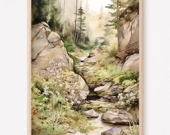 May include: A watercolour painting depicting a forest scene with a stream flowing through it. The stream is surrounded by rocks and verdant foliage. The trees in the background are tall and slender, and the sky is a soft blue.