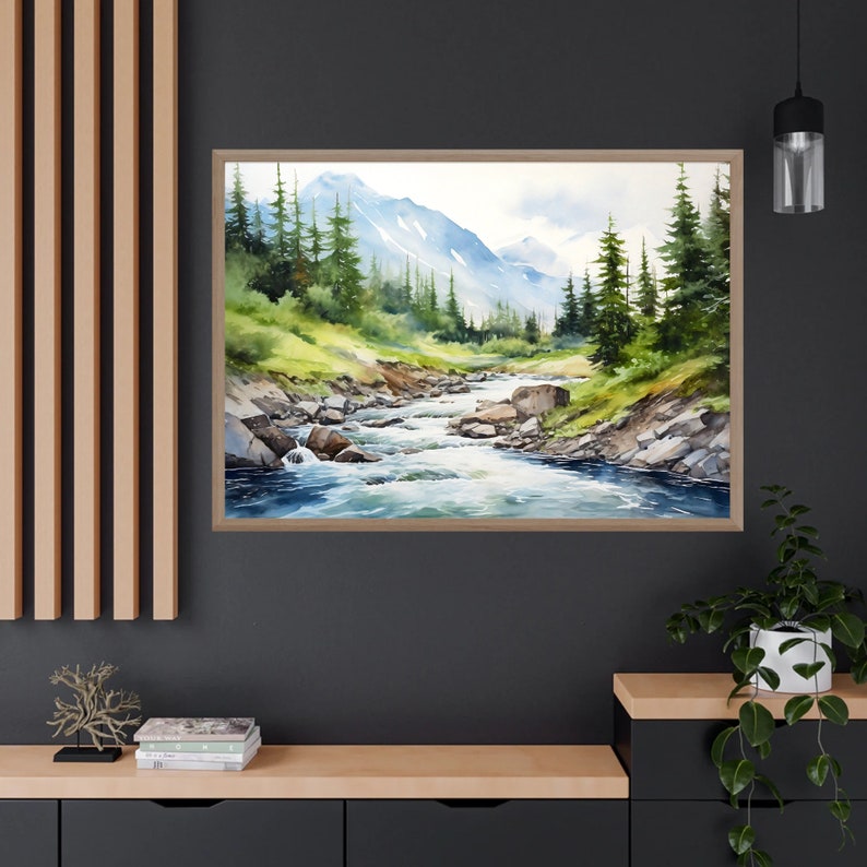 Mountain River Watercolor Landscape Pine Tree Wall Art Blue Green Art ...