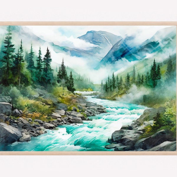 Watercolor Mountain River Painting Misty Forest Landscape Wall Art Pine Tree Blue Green Wall Art Print Mountain Poster Home Decor Gift