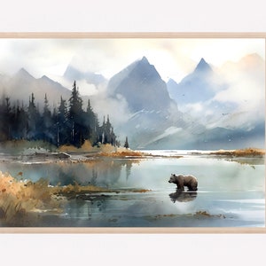 Lake Clark National Park Print Grizzly Bear Alaska Travel Art Lake Clark Poster Classic Watercolor Vintage Style