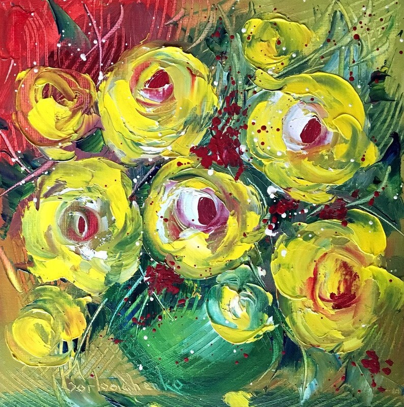Yellow Roses Still Life Oil Painting Palette Knife Art Etsy