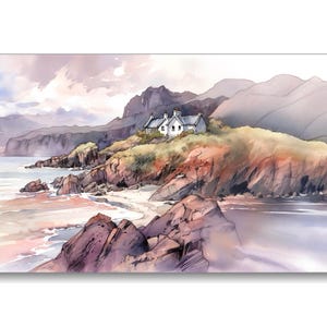 Scotland Coast Painting Art Print Cottage Watercolor Isle of Skye Landscape Scottish Highlands Wall Art Home Decor Gift