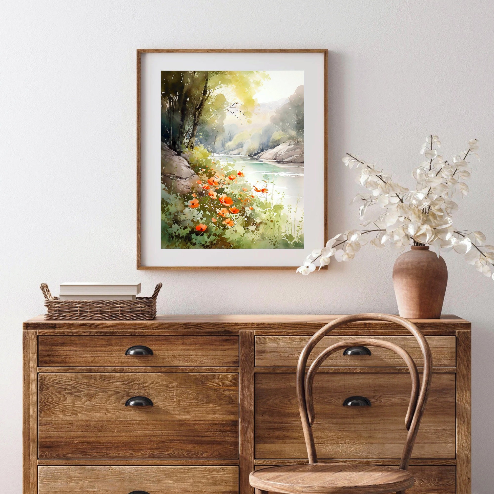 Rustic Poppy River Watercolor Art – Country Summer Landscape Print for ...