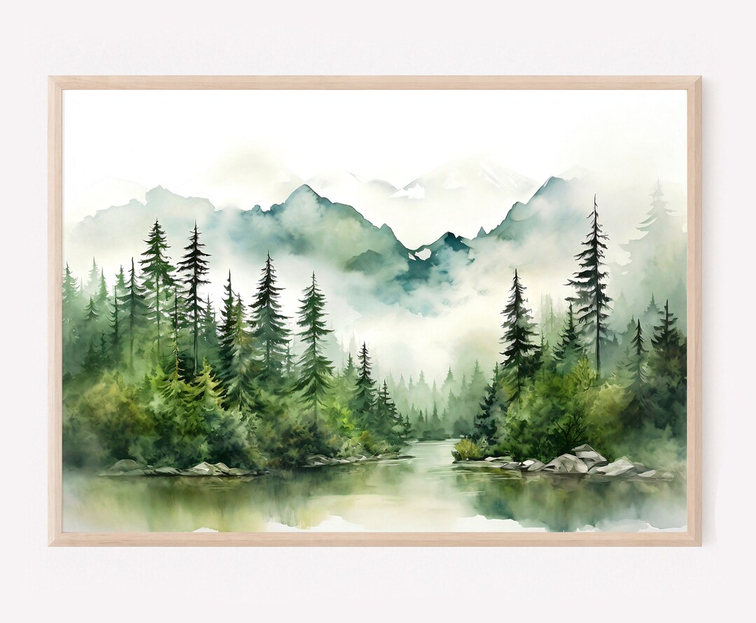 Mountain Lake Watercolor Landscape Pine Tree Wall Art Blue Green Art ...